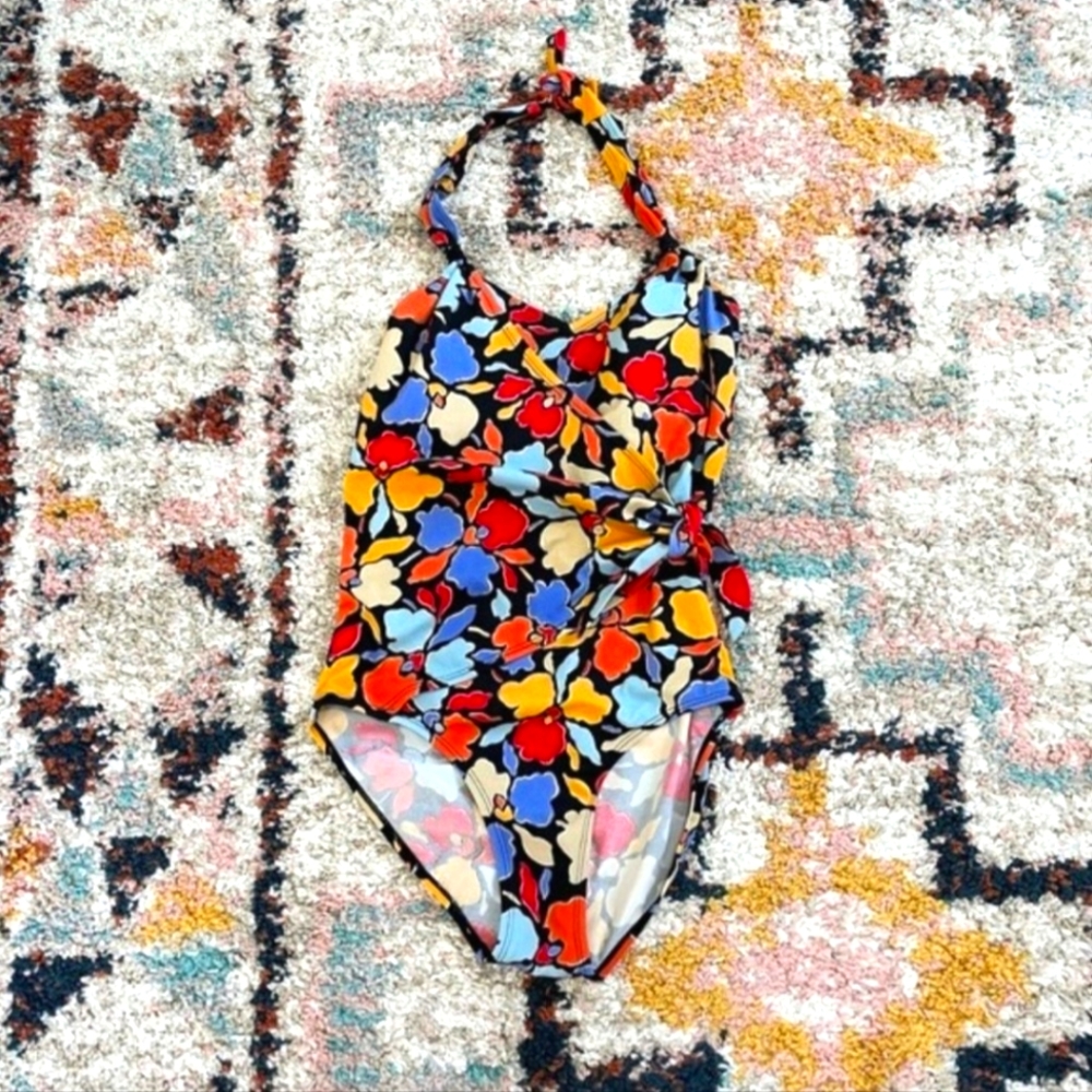 Islander Red & Gold Floral/ Foil Halter, Wrap Front/ Tie-Up One-Piece!